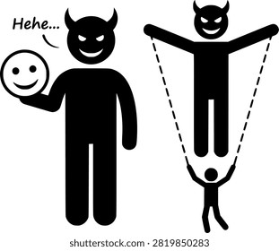 Evil Devil Character Holding Happy Mask and Controlling Person Like Puppet Stick Figure Depicting Manipulation Deception and Fake Smile Concept