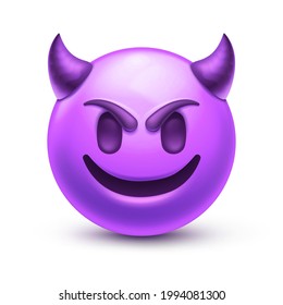 Evil devil emoji. Happy purple emoticon with devil horns, gloating demon 3D stylized vector icon