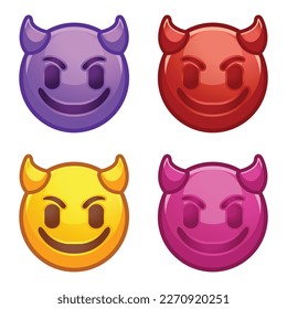 Evil devil emoji. Happy purple emoticon with devil horns, gloating demon cartoon stylized vector collection set icon