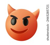 Evil devil emoji. Popular chat elements. Trickery or treachery smile. Happy red emoticon with devil horns, gloating demon 3D vector icon