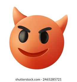 Evil devil emoji. Popular chat elements. Trickery or treachery smile. Happy red emoticon with devil horns, gloating demon 3D vector icon