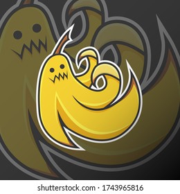 Maldad, Malvada Cara Banana. Caricatura de mascota con logotipo. Salida, Equipo, Juego, Activo, Pegatina, Imprimir.