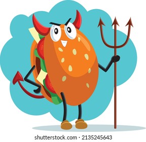 
Evil Devil Hamburger Food Vector Cartoon Illustration. Villainous junk food meal mascot character design
