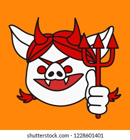 evil devil pig woman with horns & cuspids grinning & holding trident in her hand, female satan or red imp with canine teeth showing thumbs up gesture, beelzebub with raised thumb holding pikestuff