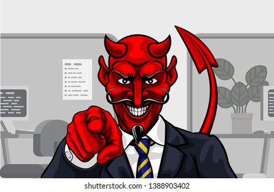 An evil devil or Satan businessman in business suit pointing at the viewer