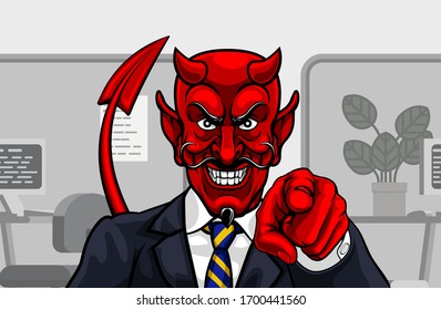 An evil devil or Satan businessman in business suit pointing at the viewer