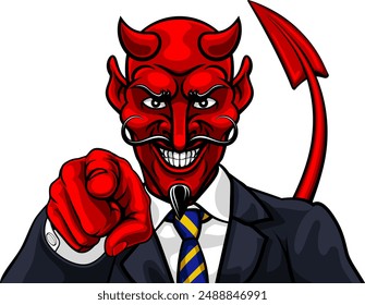 An evil devil or Satan businessman in business suit pointing at the viewer