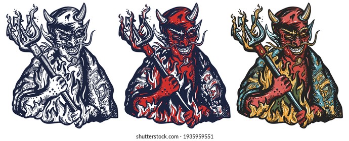 Diablo malvado. Terrible satán con horquilla. Símbolo de villanía, infierno, pecados, pecado y depravación. Arte vectorial del tatuaje de la vieja escuela. Juego de personajes de caricatura dibujado a mano. Estilo tradicional de tatuaje