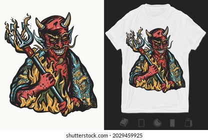 Evil devil. Terrible satan with pitchforks. Symbol of villainy, hell, sins, sinfulness, and depravity. Old school tattoo vector art. T-shirt design. Creative print for clothes. Template for posters