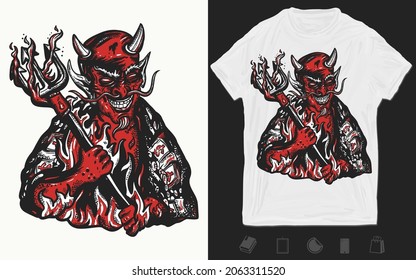 Evil devil. Terrible satan with pitchforks. Symbol of villainy, hell, sins, sinfulness, and depravity. Old school tattoo vector art. T-shirt design. Creative print for clothes. Template for posters