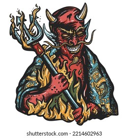 Evil devil. Terrible satan with pitchforks. Symbol of villainy, hell, sins, sinfulness, and depravity. Old school tattoo vector art. Hand drawn graphic. Isolated on white. Traditional flash tattooing