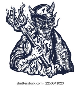 Evil devil. Terrible satan with pitchforks. Symbol of villainy, hell, sins, sinfulness, and depravity. Old school tattoo vector art. Hand drawn graphic. Isolated on white. Traditional flash tattooing