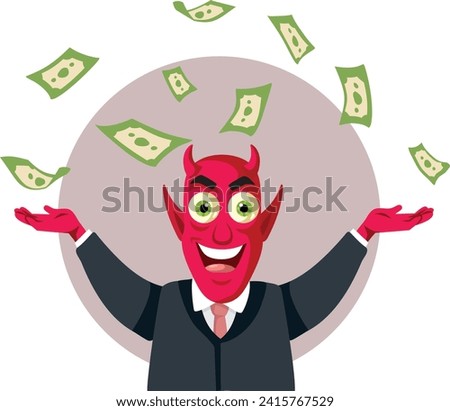 
Evil Devil Throwing Money Up in the Air Vector Illustration. Unhappy monster billionaire making more and more profit 
