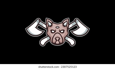 Evil dog with third eye and axe cross gang logo cartoon design abstract vector template