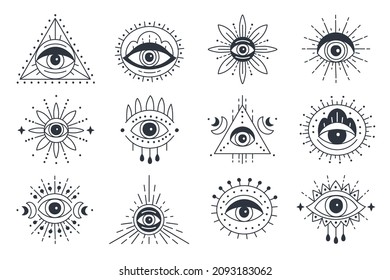 Evil doodle eye. Hand drawn witchcraft eye talisman, magical religion sacred symbols in a trending minimal linear style. For t-shirt prints, boho posters, cards, covers, logo designs and tattoos.
