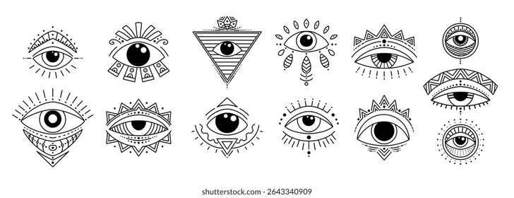 Evil doodle eye. Hand drawn magic witchcraft eye talisman, magical esoteric eyes, religion sacred geometry symbols vector illustration icons set. Amulet talisman, various luck souvenir design