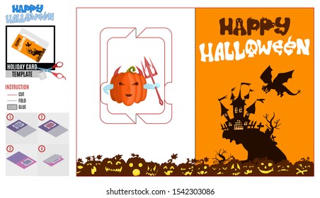 evil dragon over the castle. halloween paper card template