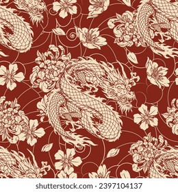 Evil dragons pattern seamless colorful with dangerous predators from eastern culture showing fangs and claws near flowers vector illustration