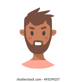 Evil Emoji character. Cartoon style emotion icons. Isolated boy avatars with aggressive facial expressions. Flat illustration man's emotional face. Hand drawn vector drawing emoticon