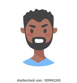 Evil Emoji character. Cartoon style emotion icons. Isolated black man avatars with aggressive facial expressions. Flat illustration men's emotional face. Hand drawn vector drawing emoticon