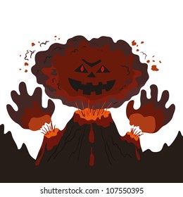 The evil erupting volcano with a human face and hands, cartoon. Vector illustration