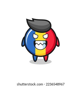 evil expression of the romania flag badge cute mascot character , cute style design for t shirt, sticker, logo element