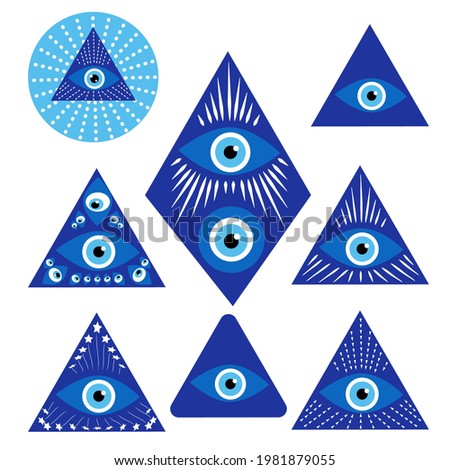 Evil eye amulet set isolated in the shape of a triangle. Talisman for protection from the evil eye. Greek evil eye, symbol of protection. Glass Turkish eye Nazar Bonkugu.