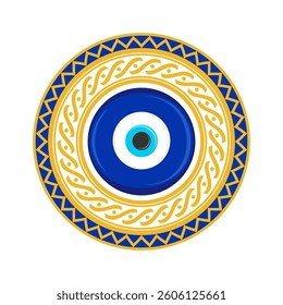 Evil eye bead. Vector blue nazar with mandala frame for luck protection and energy. Circle amulet with Greek key pattern. Greek magic symbol. Mystic talisman