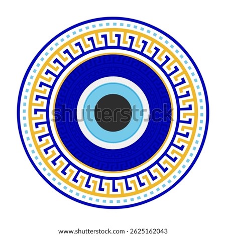 Evil eye bead. Vector blue nazar with mandala frame for luck protection and energy. Circle amulet with Greek key pattern. Greek magic symbol. Mystic talisman