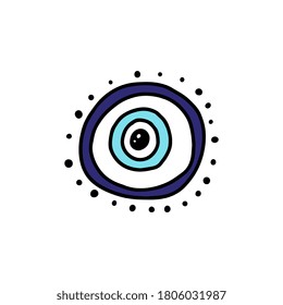 Evil eye blue circle charm symbol or sign, cartoon vector illustration isolated on white background. Arabic and jewish amulet and religious pictograme talisman.
