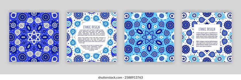Jogo de cartão quadrado mandala azul olho malvado. Modelos de panfletos de símbolos de proteção étnica gregos. Sinal turco tradicional de deterioração brochuras desenhos. EPS 10 fundos vetoriais