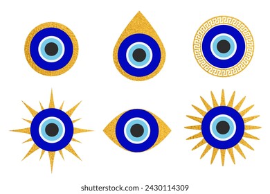 Evil eye blue Turkish symbol set. Magic nazar bead. Greece and Turkish amulet esoteric design for luck.