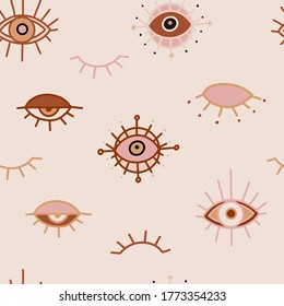 Evil eye brown earthy tones color vector pattern. Hamsa mystical amulet, occultism, magic witchcraft seamless fabric surface design. 