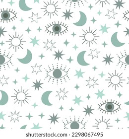 Evil eye celestial seamless pattern with stars, moon and sun. Blue colors universe surface design. Vector illustration