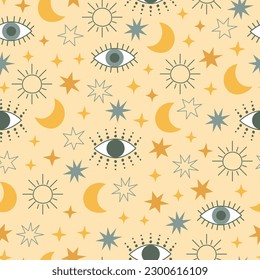 Evil eye celestial seamless pattern with stars, moon and sun. Yellow and blue colors universe surface design. Vector illustration