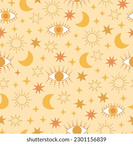 Evil eye celestial seamless pattern with stars, moon and sun. Pastel colors universe surface design. Vector illustration