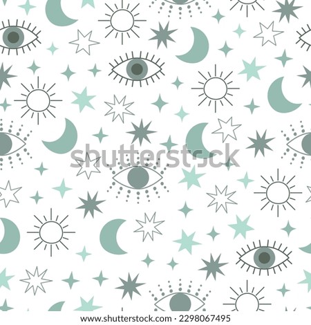 Evil eye celestial seamless pattern with stars, moon and sun. Blue colors universe surface design. Vector illustration