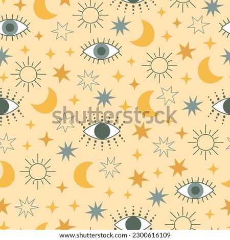 Evil eye celestial seamless pattern with stars, moon and sun. Yellow and blue colors universe surface design. Vector illustration