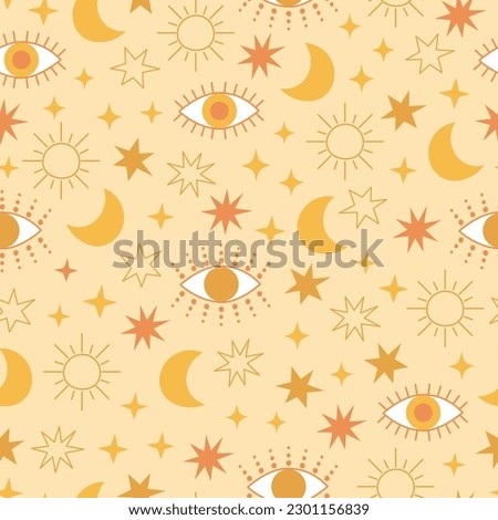 Evil eye celestial seamless pattern with stars, moon and sun. Pastel colors universe surface design. Vector illustration