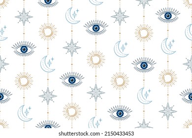 Evil Eye Celestial Seamless Vector Pattern with suns, moons, stars. For textiles, giftware, homeware.