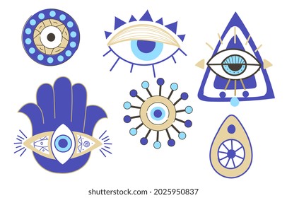 Evil eye collection. Set of amulets for protection of person and house. Stickers and design elements for religious banners, posters and postcards. Modern flat vector set isolated on white background