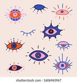 Evil eye colorful vector isolated doodle set. Magic, witchcraft, occult symbol, clip art line art collection. Hamsa eye, magical eye, decor element. Pink, blue, red eyes.