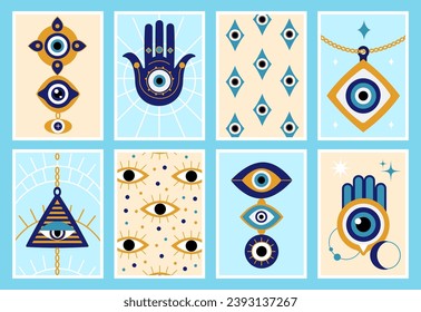 Diseño de cubiertas de ojos malvados. Símbolos de protección turcos, talismán abstracto griego. Cartas decorativas contemporáneas arte gráfico, banners vectoriales decentes