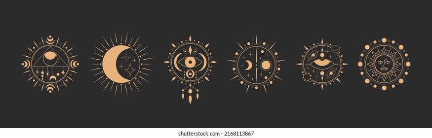 Evil Eye, crescent, moon. Minimalism, geometry, linear style. Trendy Vector illustration. Isolated icons. Boho, esoteric, witchcraft, alchemy, mystic, abstract concept. Logo, avatar, poster templates