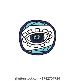 Evil eye doodle drawing isolated on white background - hand drawn single eye symbol inside blue abstract round frame in occult mystic style. Vector illustration.