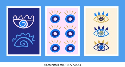 Colección de arte de la pared étnica de ojos malvados. Símbolos decorativos de ojo turco. Plantilla única de diseño de portada de etiquetas dibujadas a mano. Diseños de Amulet. Iconos de moda del boho creativo