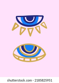 Evil eye ethnic wall art template. Turkish eye decorative symbols. Simple unique hand drawn tag cover design. Amulet designs. Creative boho trendy icons