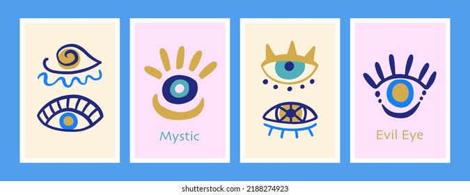 Evil eye ethnic wall art collection. Turkish eye decorative symbols. Simple unique hand drawn  tag cover design template. Amulet designs. Creative boho trendy icons
