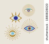 Evil eye golden and blue vector isolated doodle illustration. Magic, witchcraft, occult symbol, clip art line art collection. Hamsa eye, karma, magical eye, decor element.  