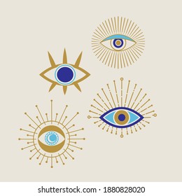 Evil eye golden and blue vector isolated doodle illustration. Magic, witchcraft, occult symbol, clip art line art collection. Hamsa eye, karma, magical eye, decor element.  